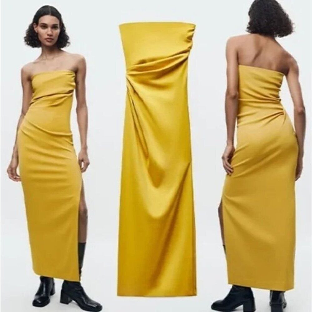 Zara Womens Maxi Dress S Yellow Strapless Draped SideZW collection 9173/488 NWT